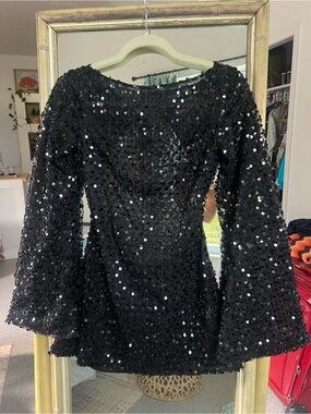 PEPPERMAYO Black Sequin Bell Sleeve Mini Dress